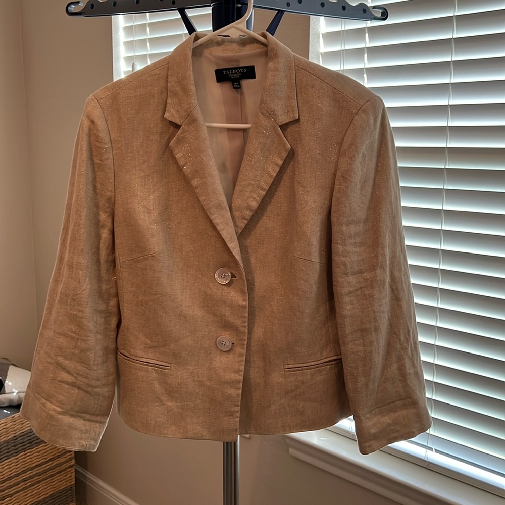 Talbots Metallic Gold Linen Blazer with 3/4 sleeves